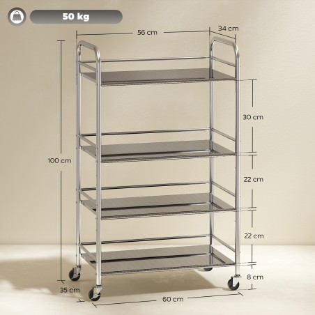 Hõbedane 4-tasandiline reguleeritavate riiulitega köögikäru 60 × 35 × 100 cm
