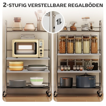 Hõbedane 4-tasandiline reguleeritavate riiulitega köögikäru 60 × 35 × 100 cm