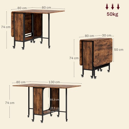 Kokkupandav söögilaud 6 inimesele riiuliga, kandevõime kuni 50 kg, 130 × 80 × 74 cm, punakaspruun