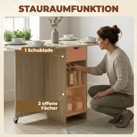 Kokkupandav söögilaud 2–4 inimesele, sahtli ja avatud riiuliga, naturaalne