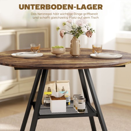 Ümar tööstusstiilis söögilaud 4 inimesele, 100 cm, riiuli ja puidumustriga