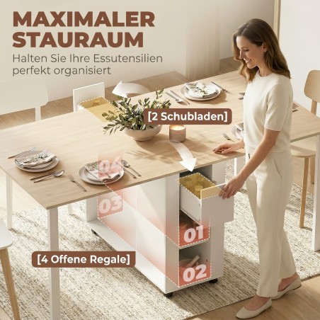 Kokkupandav ja pikendatav söögilaud 6 inimesele, 168 cm, 2 sahtli ja 4 riiuliga