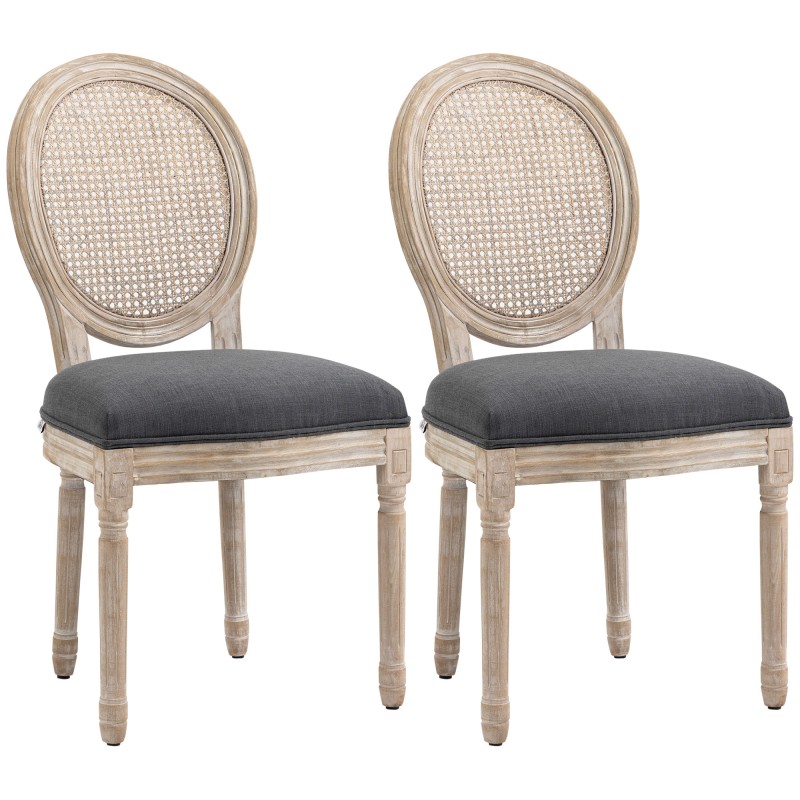 2 vintage-stiilis pehme polstriga köögitooli rotangiefektiga, hallid
