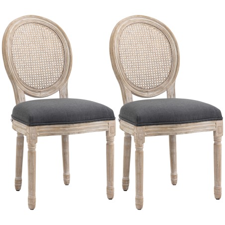 2 vintage-stiilis pehme polstriga köögitooli rotangiefektiga, hallid
