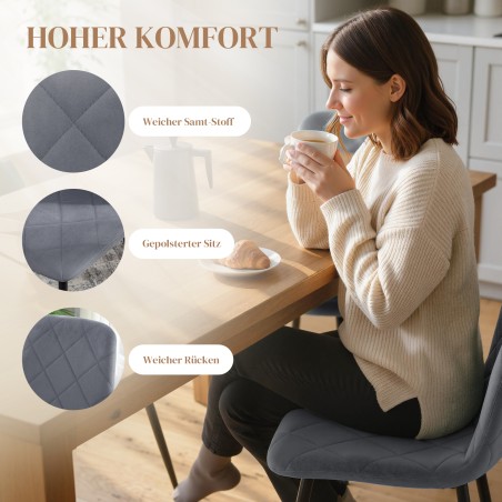 Söögitoa toolid, 4-osaline komplekt, sametise katte ja metalljalgadega, hall