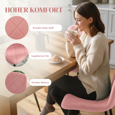4-osaline sametise kattega söögitoolide komplekt, roosa, 45 × 54 × 87 cm