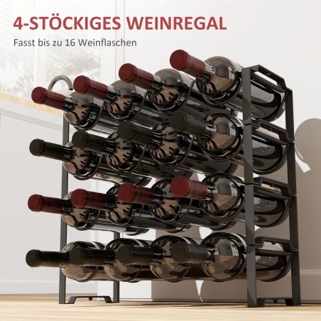 Vabalt seisev metallist veiniriiul 16 pudelile, 4 astet, must