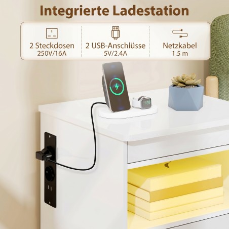 Kõrgläikega öökapp laadimisjaama ja RGB-LED-valgustusega, valge