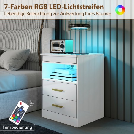 Kõrgläikega öökapp laadimisjaama ja RGB-LED-valgustusega, valge