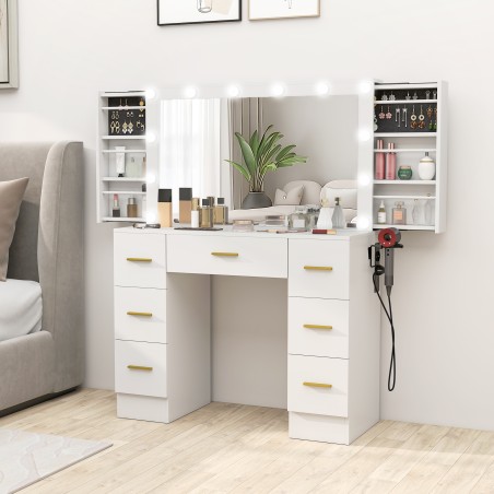 Tualettlaud peegli, 12 LED-valgusti, 7 sahtli ja 6 peidetud panipaigaga, valge