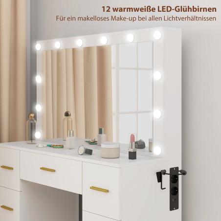 Tualettlaud peegli, 12 LED-valgusti, 7 sahtli ja 6 peidetud panipaigaga, valge