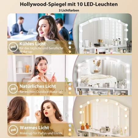 Valge tualettlaud peegli ja 10 LED-valgustiga, 7 sahtli ja 3 lahtriga