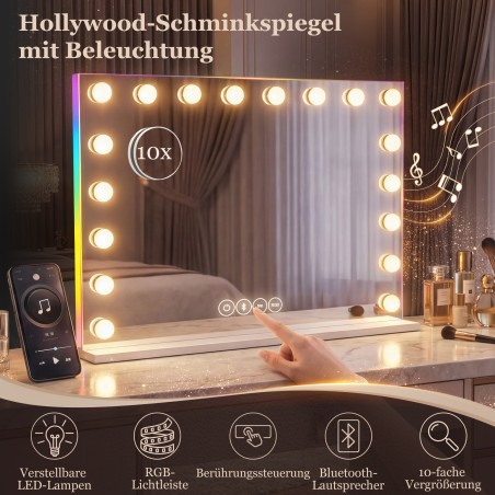 Hollywoodi meigipeegel 18 hämardatava LED-valguse, RGB-valguse ja Bluetoothiga, valge
