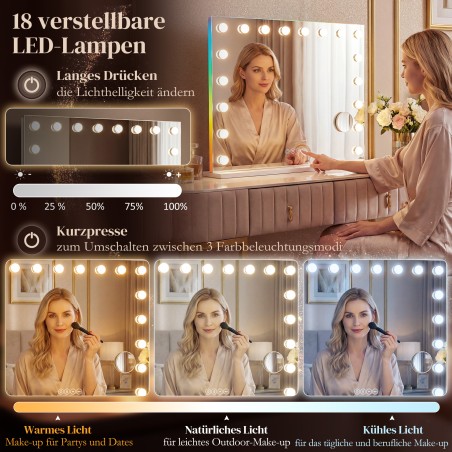 Hollywoodi meigipeegel 18 hämardatava LED-valguse, RGB-valguse ja Bluetoothiga, valge