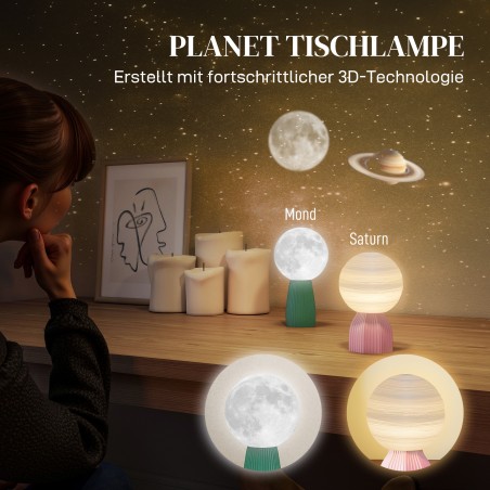Kolmevärvilise planeedidisainiga USB-laualampide komplekt, valge