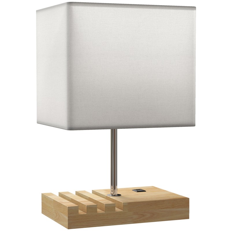 Öölamp USB-pesade, puidust aluse ja panipaikadega, valge