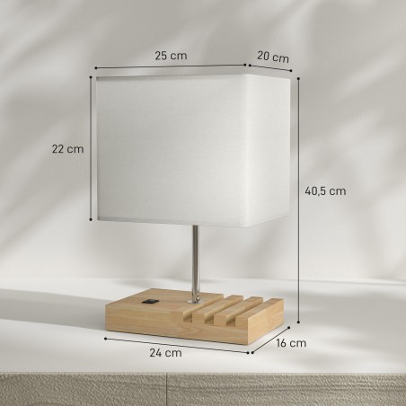 Öölamp USB-pesade, puidust aluse ja panipaikadega, valge