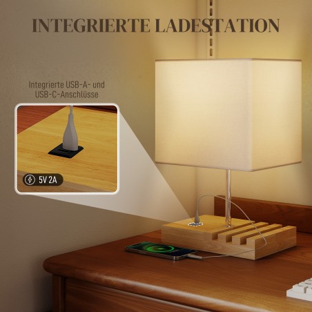 Öölamp USB-pesade, puidust aluse ja panipaikadega, valge