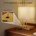 Öölamp USB-pesade, puidust aluse ja panipaikadega, valge