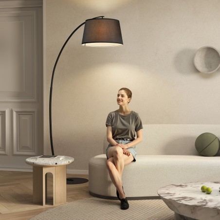 Kaarjas metallist põrandalamp riidekupli ja ümara alusega, must, 105 × 47 × 190 cm
