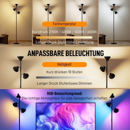 Hämardatav RGB-põrandalamp lugemislambi ja puldiga, 3 pööratavat pead