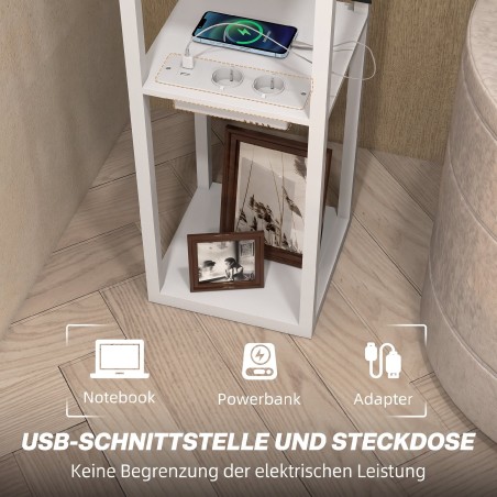 3 riiuliga põrandalamp, jalglüliti ja USB-pesadega, valge