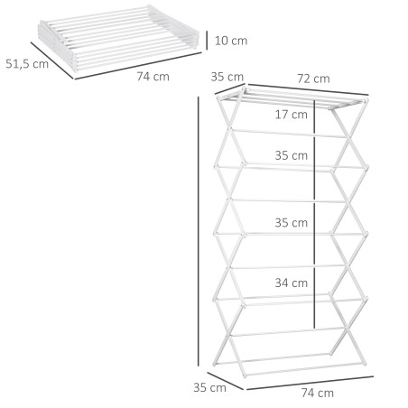 Kokkupandav 8-tasandiline pesurest, metall ja plast, valge, 74 × 35 × 144 cm