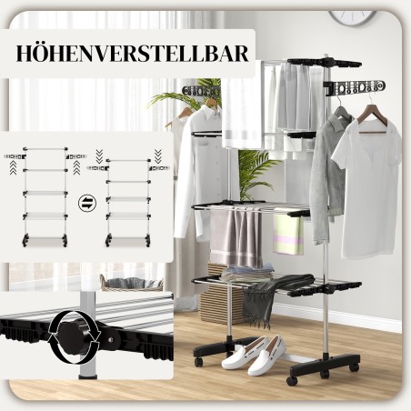 Riideõhutus 5 taset, kokkupandav, ühe klõpsuga süsteem, 142 cm x 55 cm x 1 72 cm, must + hõbe