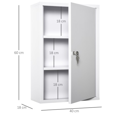 Lukustatav metallist ravimikapp 3 riiuliga, 40 × 18 × 60 cm, valge