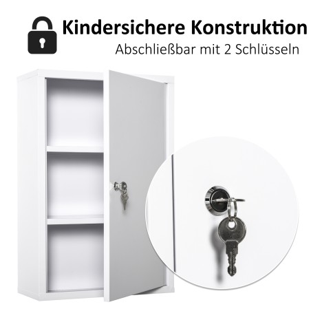 Lukustatav metallist ravimikapp 3 riiuliga, 40 × 18 × 60 cm, valge