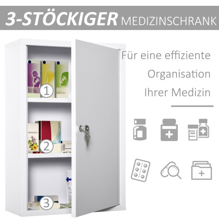 Lukustatav metallist ravimikapp 3 riiuliga, 40 × 18 × 60 cm, valge
