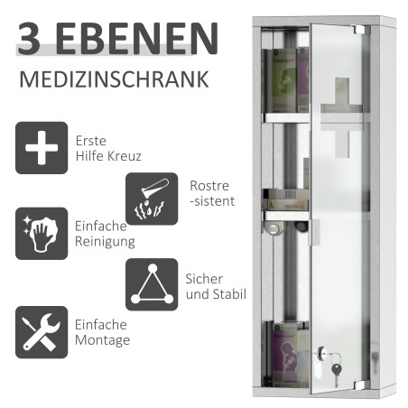 Lukustatav roostevabast terasest ravimikapp, 3 riiulit, 20 × 12 × 58 cm