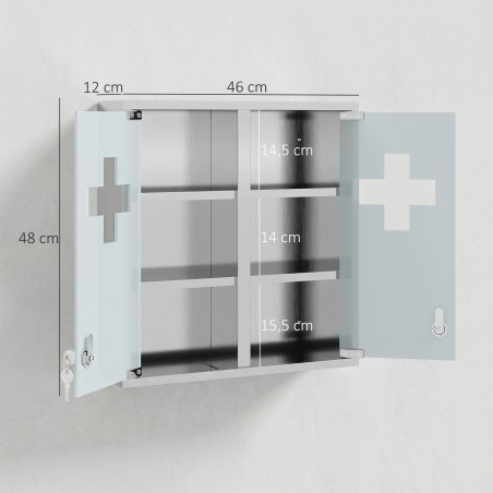 Lukustatav ravimikapp klaasukse ja 6 riiuliga, 2 võtmega, 48 × 46 × 12 cm, hõbedane