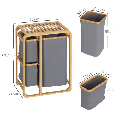 Bambusest pesukorv kolme eemaldatava korviga, naturaalne ja hall