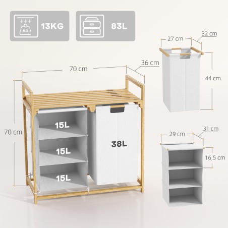 Bambusest pesukorv riidest sahtli ja pesukotiga, 70 × 36 × 70 cm