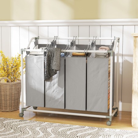 4 kambriga pesukorv ratastel, eemaldatav pesukott, 160 l, hall