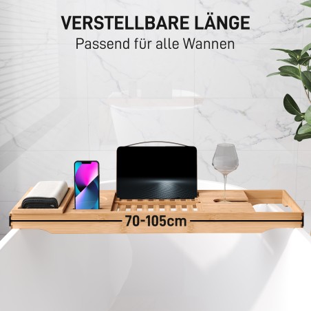 Reguleeritav bambusest vannialus raamatu, tahvelarvuti ja telefoni jaoks