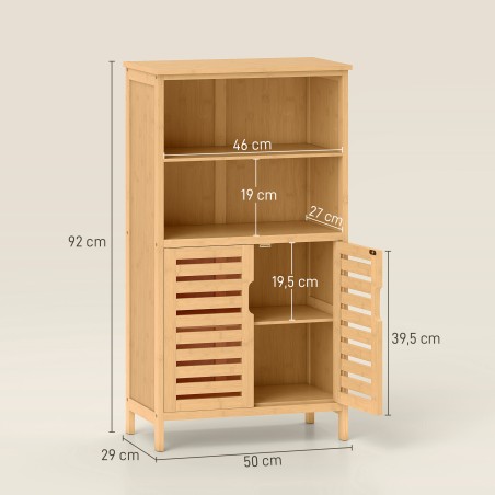Bambusest vannitoakapp lamellustega, 2 riiuli ja kapiga, 50 × 29 × 92 cm