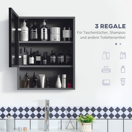 Terasest peegelkapp kahe riiuli ja avatud riiuliosaga, must, 46 × 13,5 × 58 cm