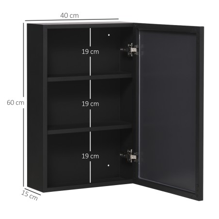 Terasest peegelkapp kolme riiuliosa ja pehmelt sulguvate hingedega, must, 40 × 15 × 60 cm