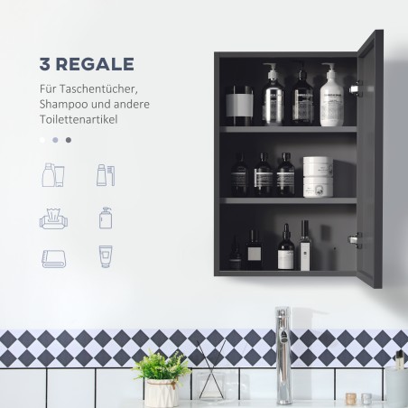 Terasest peegelkapp kolme riiuliosa ja pehmelt sulguvate hingedega, must, 40 × 15 × 60 cm