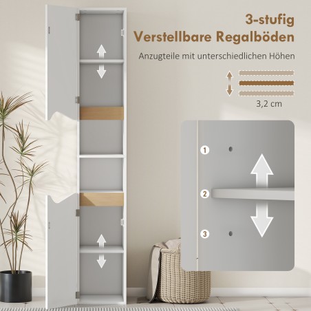 Kitsas vannitoa kõrge kapp 2 ukse ja 2 avatud riiuliga, valge, 30 × 34,6 × 182 cm