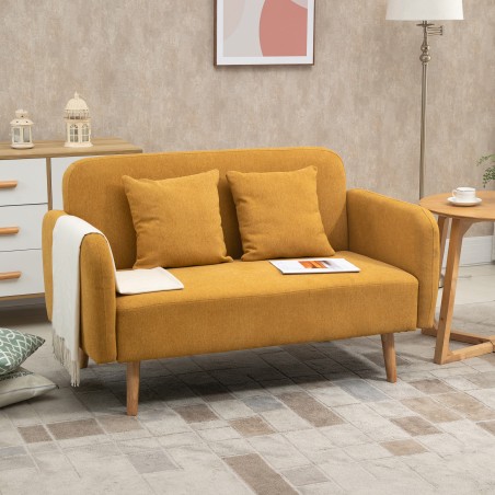 Kahekohaline sametise välimusega diivan 2 padjaga, kollane, 130 × 70 × 80 cm