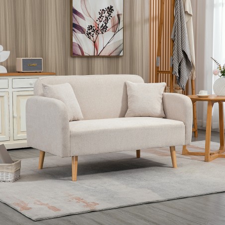 Kahekohaline diivan puidust jalgade ja 2 padjaga, 130 × 70 × 80 cm, kreem