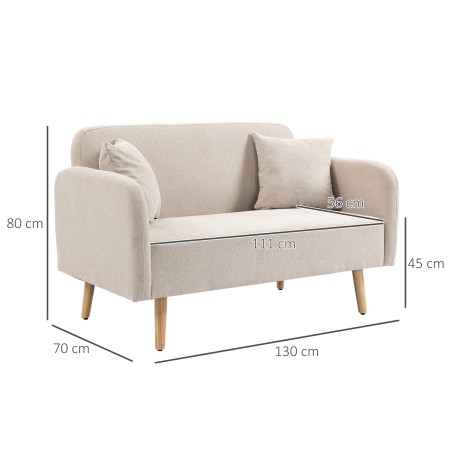 Kahekohaline diivan puidust jalgade ja 2 padjaga, 130 × 70 × 80 cm, kreem