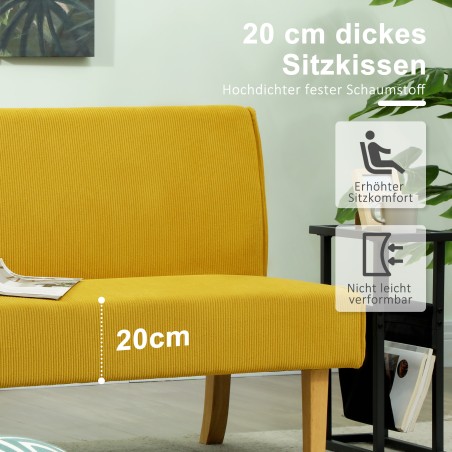 Kahekohaline kollane velvetkattega diivan paksu polstri ja puitjalgadega