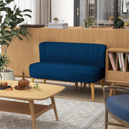 Sinine retrostiilis 2-kohaline diivan puidust jalgadega, 117 × 56,5 × 77 cm