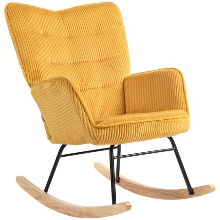 Vintage-kiiktool, kumerad jalased, paks polster, pöökpuit ja teras, kollane