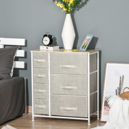 Kummut 7 kokkupandava riidest sahtli ja metallraamiga, helehall, 63,5 × 30 × 71 cm