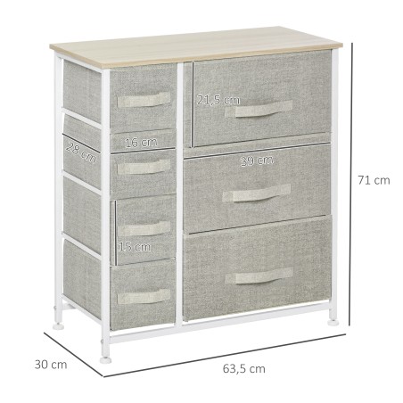 Kummut 7 kokkupandava riidest sahtli ja metallraamiga, helehall, 63,5 × 30 × 71 cm